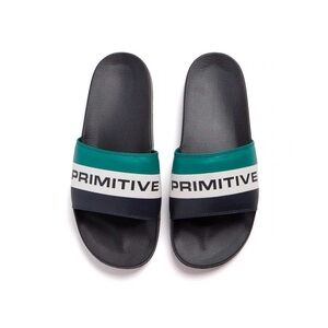 Primitive Logo Slide Sandals in Black and Green